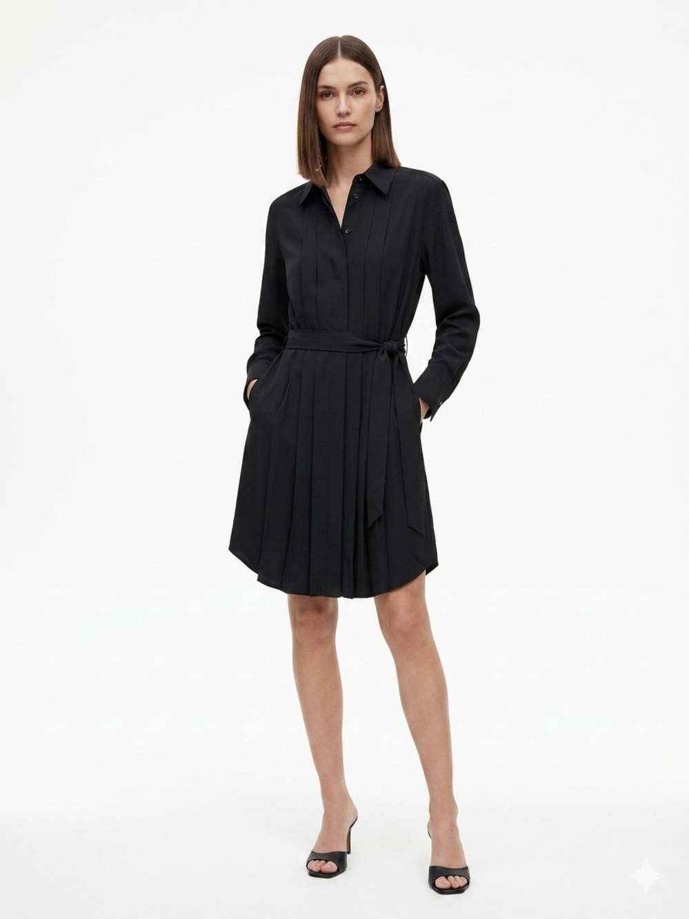 NWT Calvin Klein Black Long-Sleeve Pleated Shirt Dress with Tie